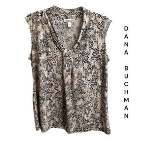 Dana Buchman Shirt Women's Size L Tan Black White Short Sleeve Stretch V-Neck